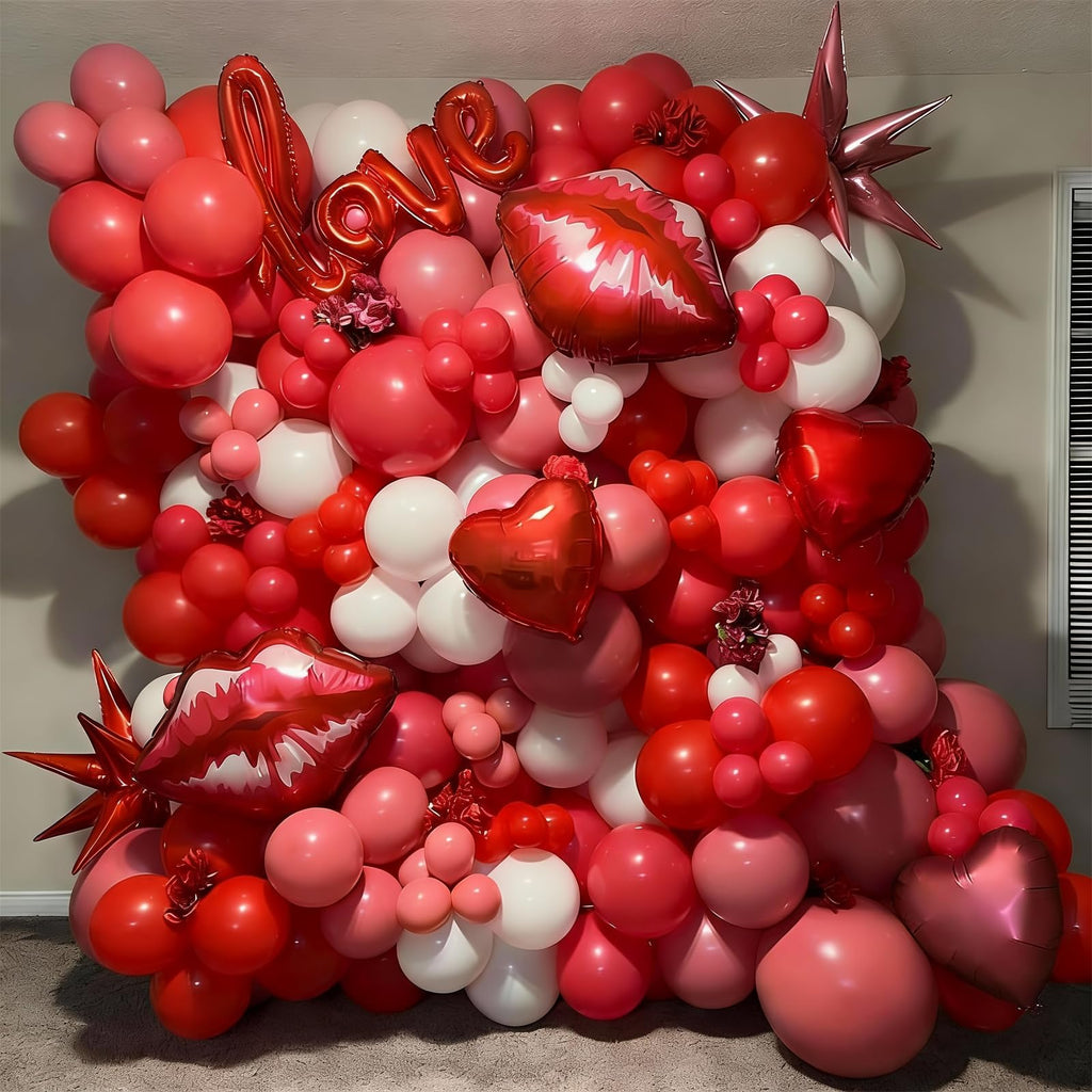 Valentines Balloons Arch Kit with Dusty Pink Red Balloons Red Star Pink Heart Lip Love foil Balloon for Women Girls Valentine's Day Galentines Day Wedding Bridal Shower Anniversary Party Supplies