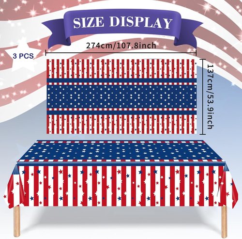 American Flag Tablecloth | 3-Piece Disposable 54 x 108 Inch Stars and Stripes Design for Patriotic Events