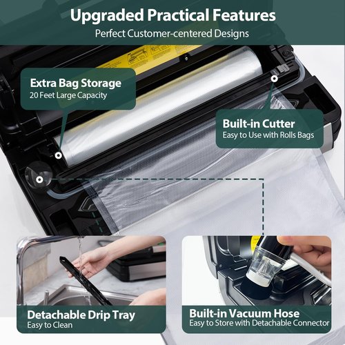 AquaLock Vacuum Sealer Machine | 95kPa Fully Automatic Food Sealer with Built-In Cutter & 2 Bag Rolls