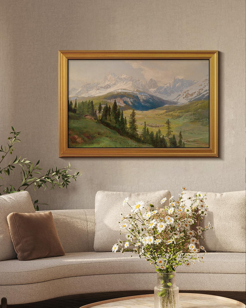 VIYYIEA Vintage Gold Framed Wall Art - Snow Mountains Canvas Print for Living Room | Large 36" x 24" Oil Painting
