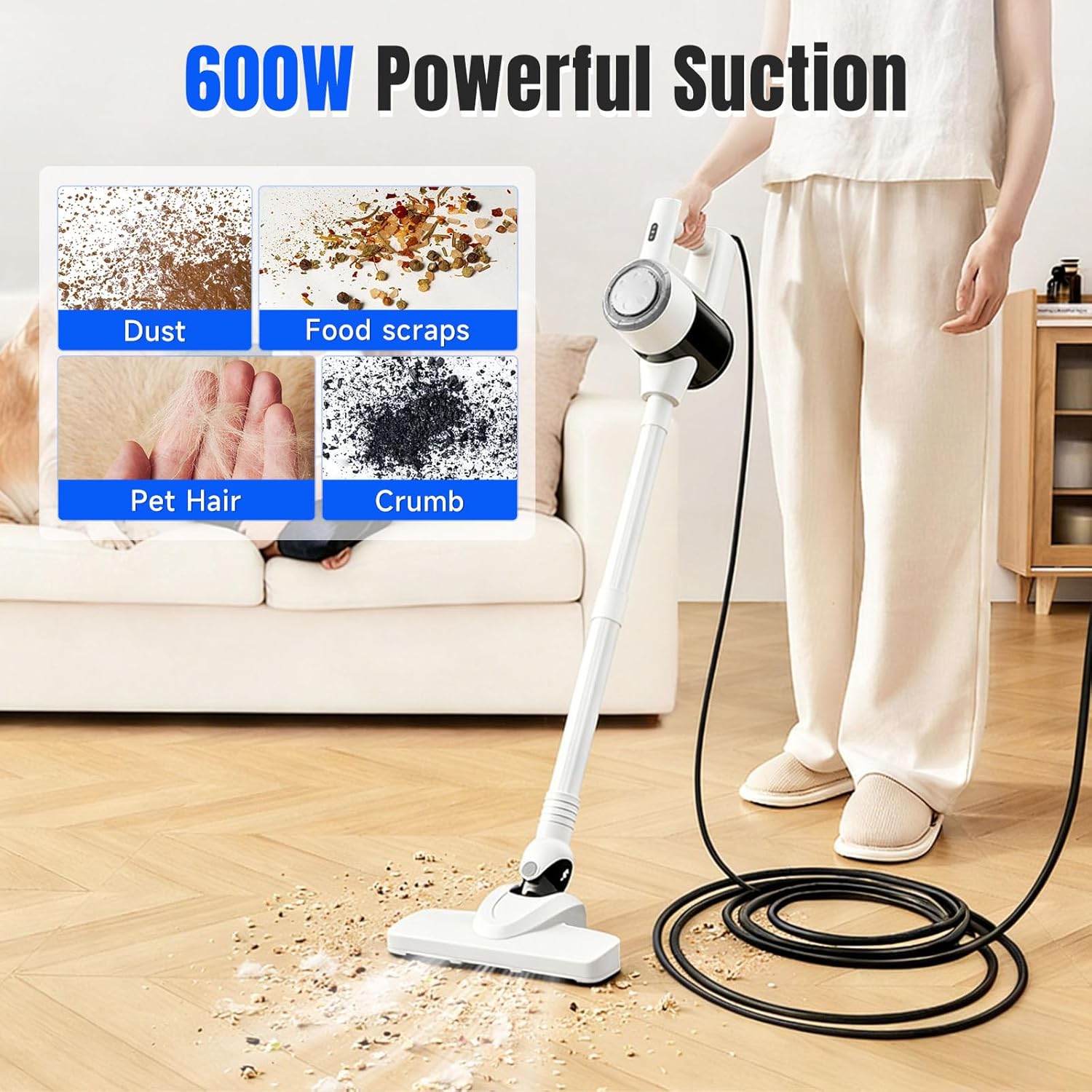 Skiennix 33FT Power Cable Corded Stick Vacuum Cleaner - 600W Suction, 2-in-1 Handheld, HEPA Filter, 1.5L Dust Cup