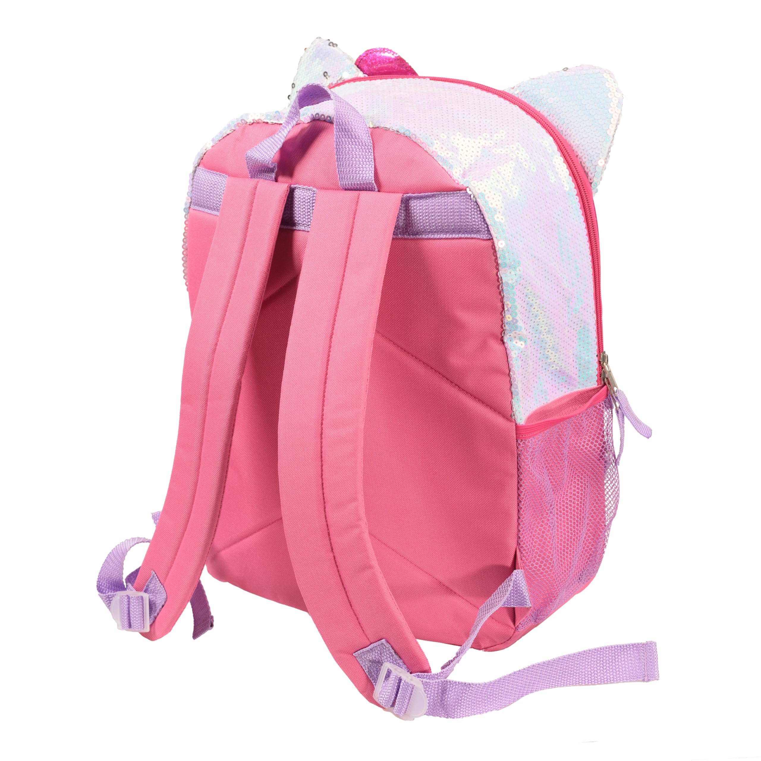 AI ACCESSORY INNOVATIONS Hello Kitty Girls 4 Piece Backpack Set, Iridescent Flip Sequin 16" School Bag with 3D Features, Front Zip Pocket, Pink & White