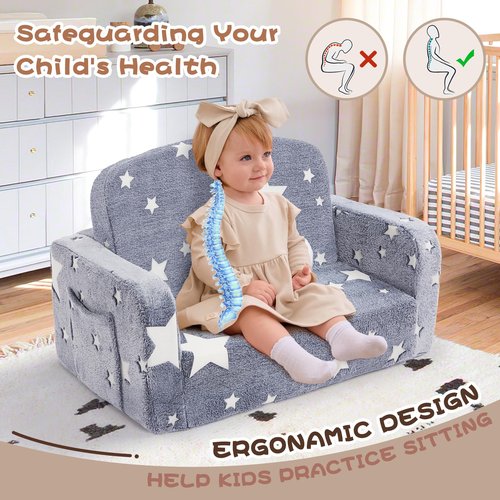 Foryoomi Extra Wide Kids Couch, 2-in-1 Soft Couch with Blanket, Glow in The Dark, Comfy Chair with Cloud Pillow, Convertible Sofa, Star