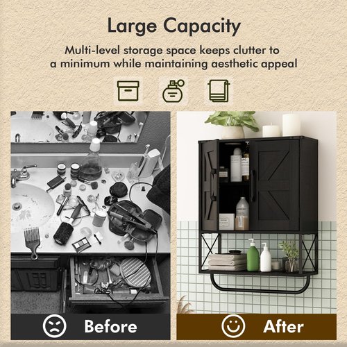 RUSTOWN Farmhouse Medicine Cabinet with 2 Barn Door, Wood Wall Mounted Storage Cabinet with Adjustable Shelf and Towel Bar, 3-Tier Bathroom Cabinet for Bathroom, Living Room(Black, Medium)
