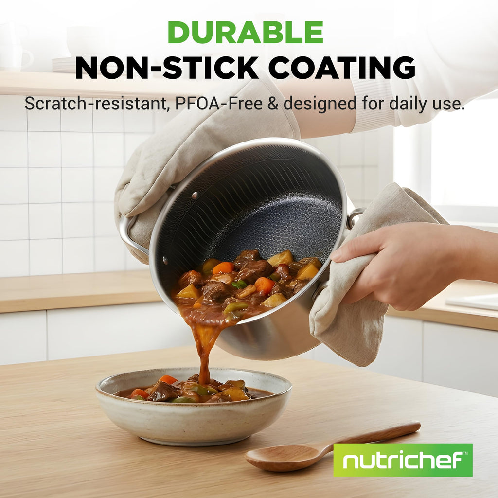 NutriChef 5 QT Stainless Steel Stew Pot - Triply Kitchenware Stew Pot with Glass Lid - DAKIN Etching Non-Stick Coating, Scratch-resistant Raised-up Honeycomb Fire Textured Pattern - NutriChef NC3PCAS