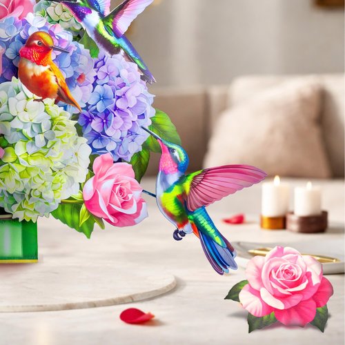 HIBLOOM Humming Bird Pop Up Card, 19.5 Inch Real Sized Display 3D Valentine Greeting Card, Paper Flower Bouquet, Gift for Valentines Day, Birthday, Mothers Day, Includes Envelope & Message Note