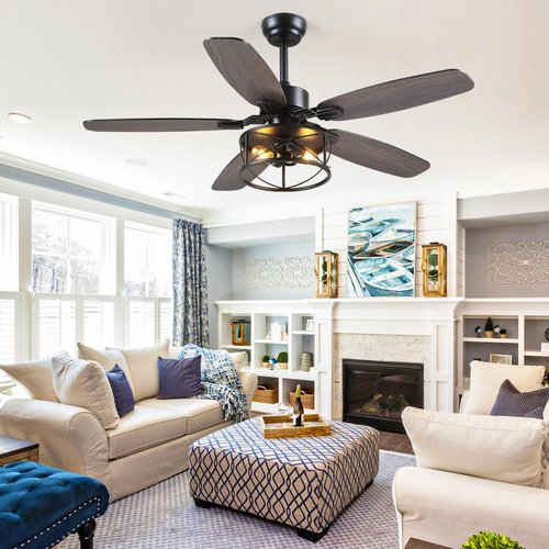 Dannilong Farmhouse Ceiling Fan with Light and Remote 52" Rustic Flush Mount Ceiling Fans 5 Dual Finish Blades Carnegie Industrial Fandelier for Living room Bedroom Patio E26