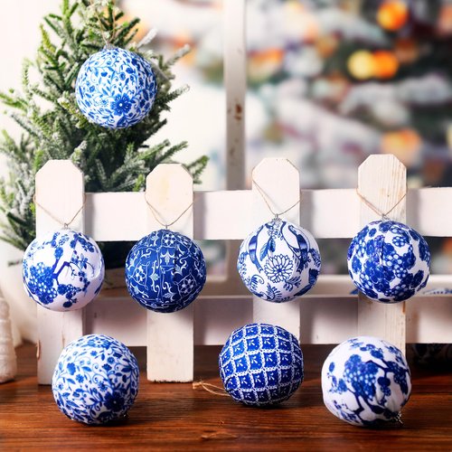 Preboun 12 Pcs Christmas Chinoiserie Ball Ornaments Blue and White Chinoiserie Tree Decoration Christmas Tree Hanging Ornaments Fabric Wrapped Home Xmas Decor for Modern Party (Blue,1.97 Inch)