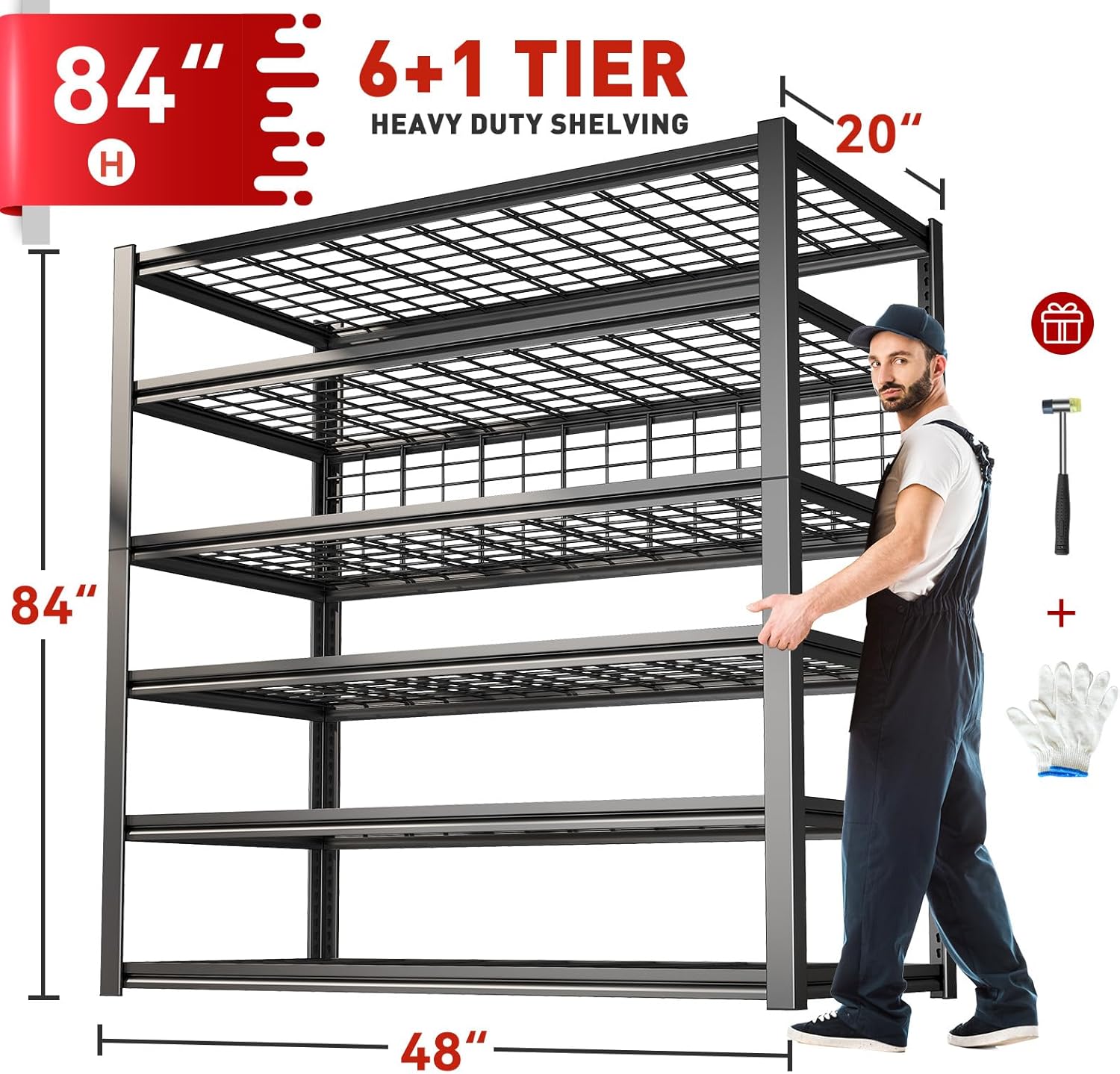 REIBII Heavy-Duty Garage Shelving - 6-Tier Adjustable Metal Storage Shelves, 3500LBS Capacity, 84"H x 48"W x 20"D
