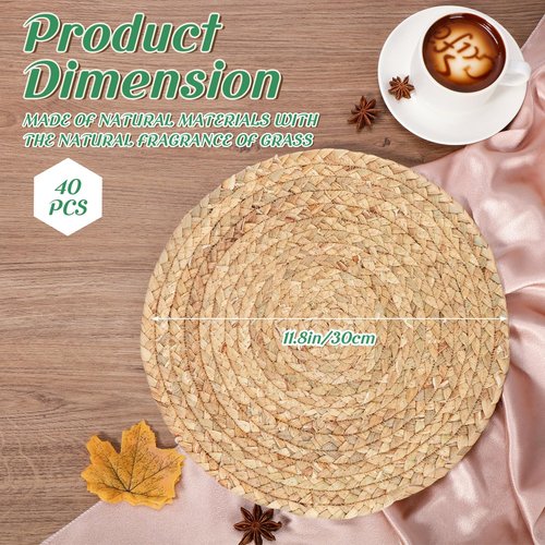FoldTier 40 Pcs Round Placemats Bulk Plate Chargers Set 11.8 Inch Woven Placemat Rustic Braided Straw Rattan Charger Natural Water Hyacinth Place Mat for Wedding Party Table Single Tableware Use
