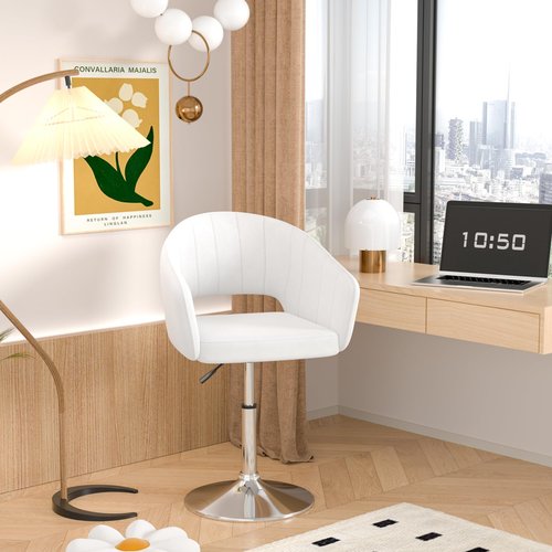 VECELO Velvet Accent Chair, Adjustable Luxury Vanity & Dining Chair with Gold Barstool Base, 360°Swivel Upholstered Armchair for Living Room, Bedroom, Home Office, Pearl White