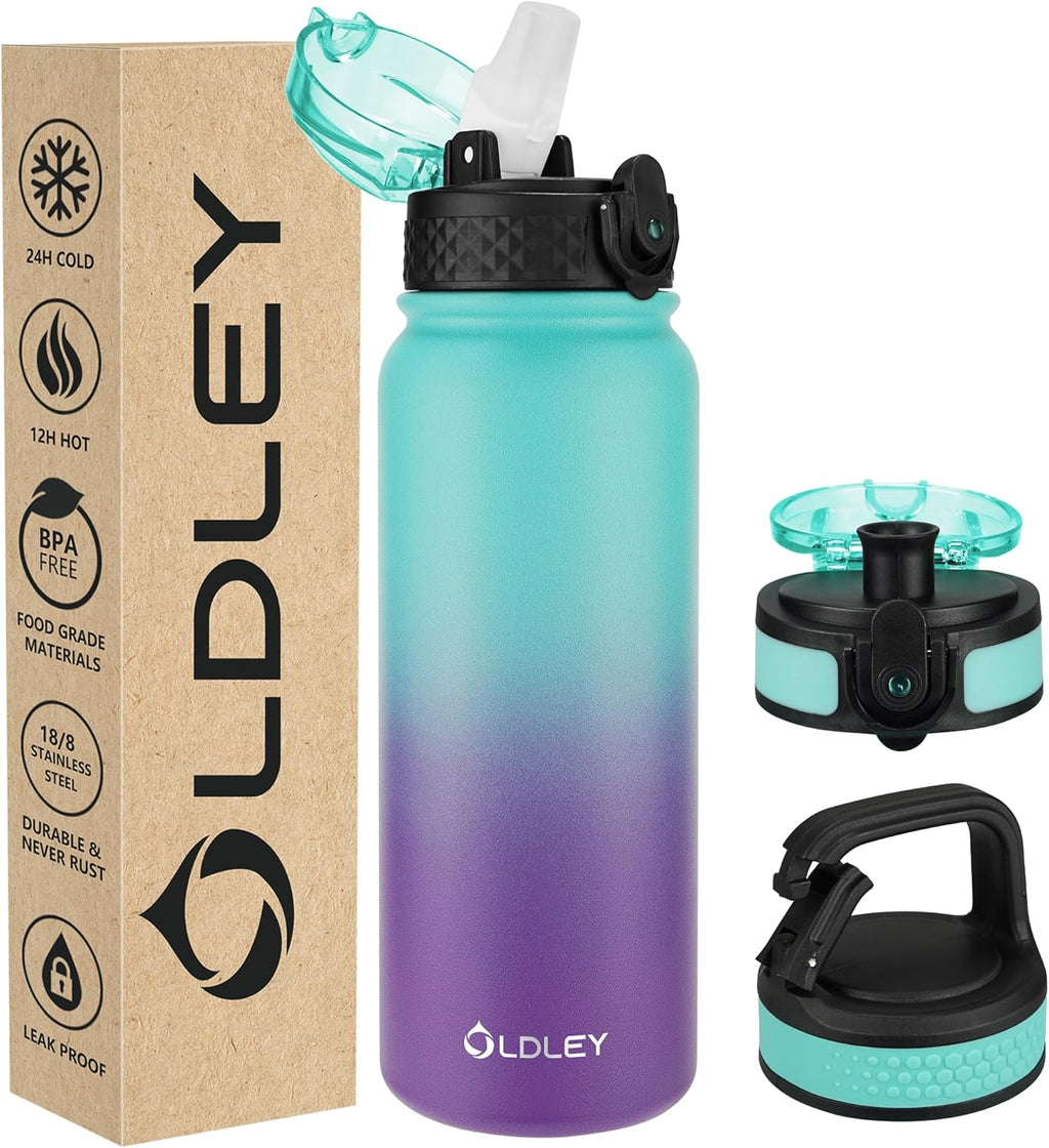 Oldley Insulated Water Bottle - 20oz Stainless Steel with 3 Lids | Leak-Proof, Double Wall, Green & Purple