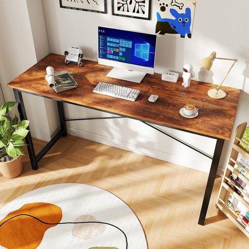 DUMOS 55-Inch Computer Desk - Modern Writing & Gaming Workstation with Metal Frame | Wood Brown Finish