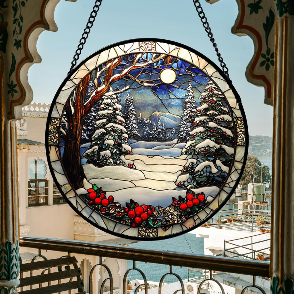 DASTOLL Stained Glass Window Hanging - Winter Snow Night Scenery Suncatcher | 7.8" Home Decor Gift