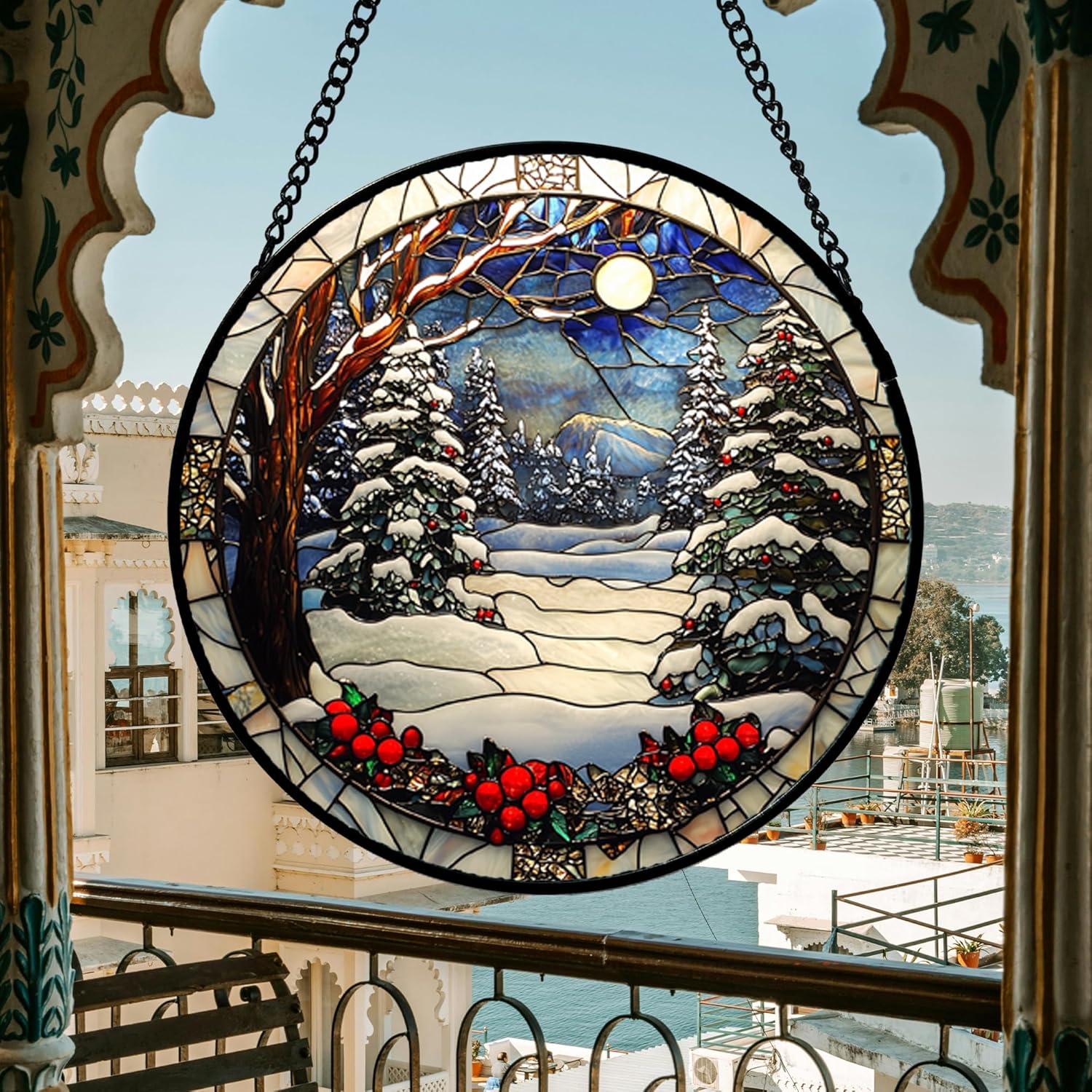 DASTOLL Stained Glass Window Hanging - Winter Snow Night Scenery Suncatcher | 7.8" Home Decor Gift
