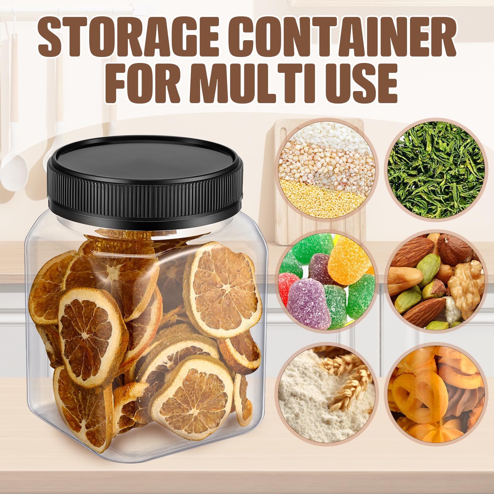 Nosiny 12 Pcs 24 oz Clear Plastic Jars with Lids Square Plastic Container Large Candy Jars with Screw on Lids Refillable Kitchen Storage Containers for Dry Food, Coffee (Black)