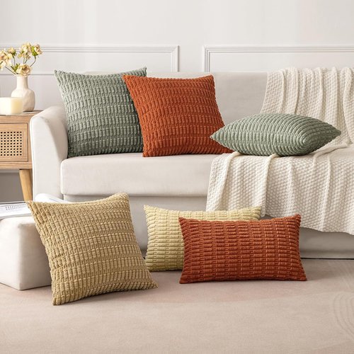 MIULEE Corduroy Throw Pillow Covers - Soft Boho Striped Design | 18x18 Inch Light Olive Green, Set of 2