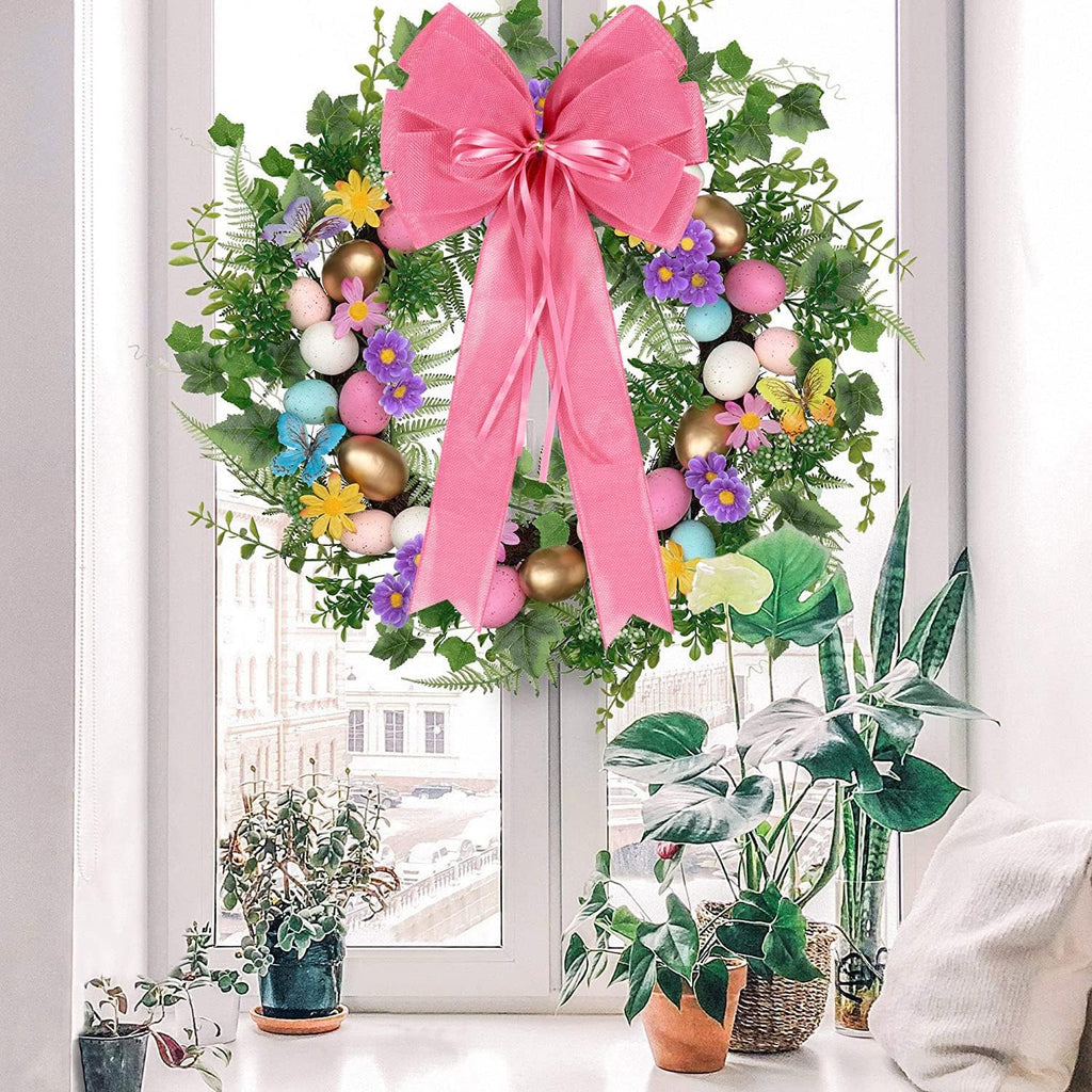 Skiennix Large Pink Easter Wreath Bows - Spring Tree Topper Decor with Burlap & Glitter | 2 Pcs