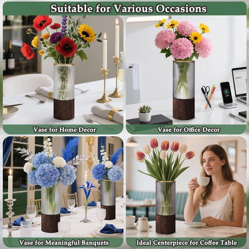 Ribbed Glass Vase Set of 2 Vases for Flowers,10" H Wood Glass Vase with Solid Wooden Base,Rustic Flower Vase for Home Decor,Living Room,Bedroom,Kitchen,Dining Table,Fireplace,Office(Gray & Clear)