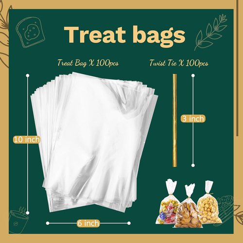 LOKIQNG Cellophane Bags Plastic Gift Bag Clear Cookie Treat Bags with Twist Ties for Party Favor Bag(100PACK,6x10inch)