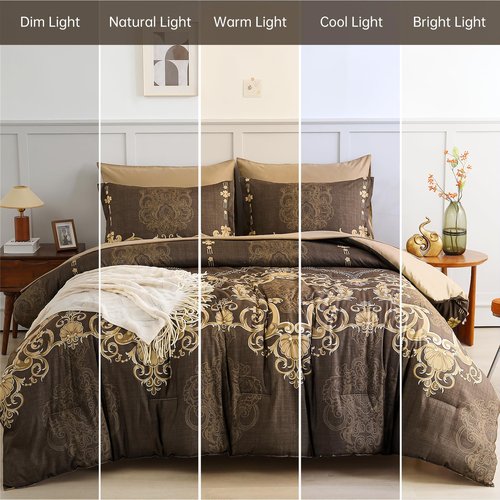 Mybedsoul 7 Pieces Coffee Comforter Set King Size, Damask Bed in a Bag for King Bed, Lightweight Microfiber Boho Bedding Sets with Comforter, Sheet, Pillowcases & Shams for All Season(90"x104")