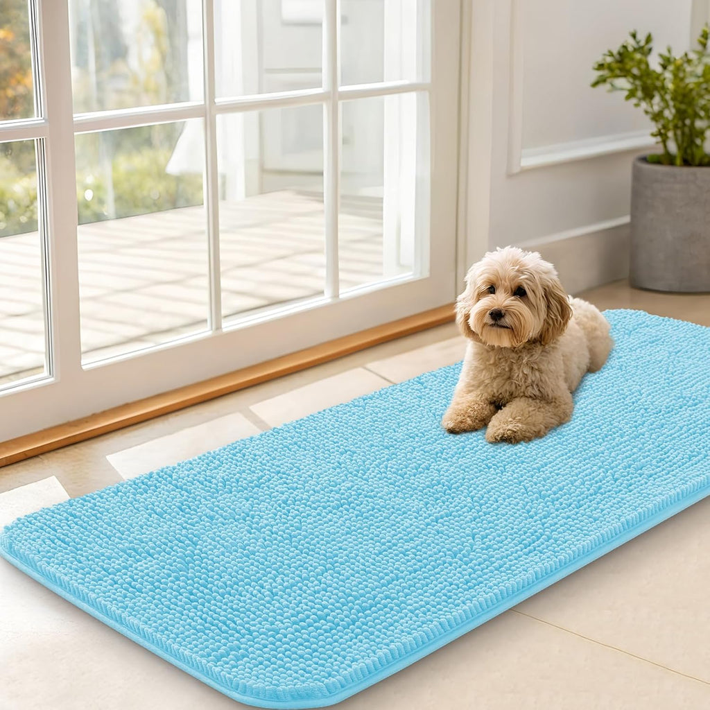 OLANLY Dog Door Mat - Absorbent Non-Slip Washable Doormat for Muddy Paws | 47x20, Quick Dry Chenille, Blue