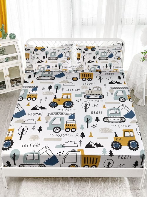 Datura home Woodland Construction Sheets Set 4Pcs for Kids,Cartoon Excavator Truck Lifter Print Sheet Set with 1 Flat Sheet and 1 Fitted Sheet + 2 Pillowcases(Woodland Construction Full)