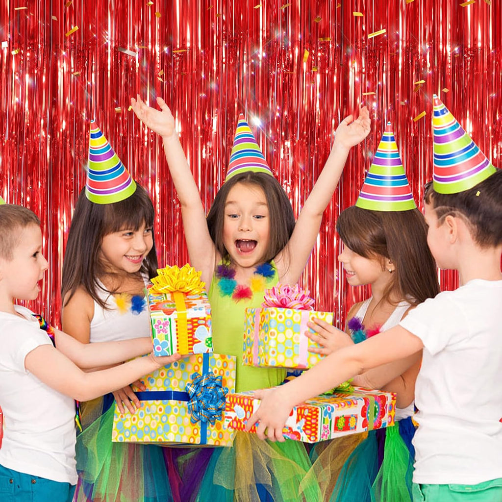 Red Metallic Tinsel Foil Fringe Curtains by [Brand Name] - 2 Pack Photo Booth Backdrop for Parties & Events