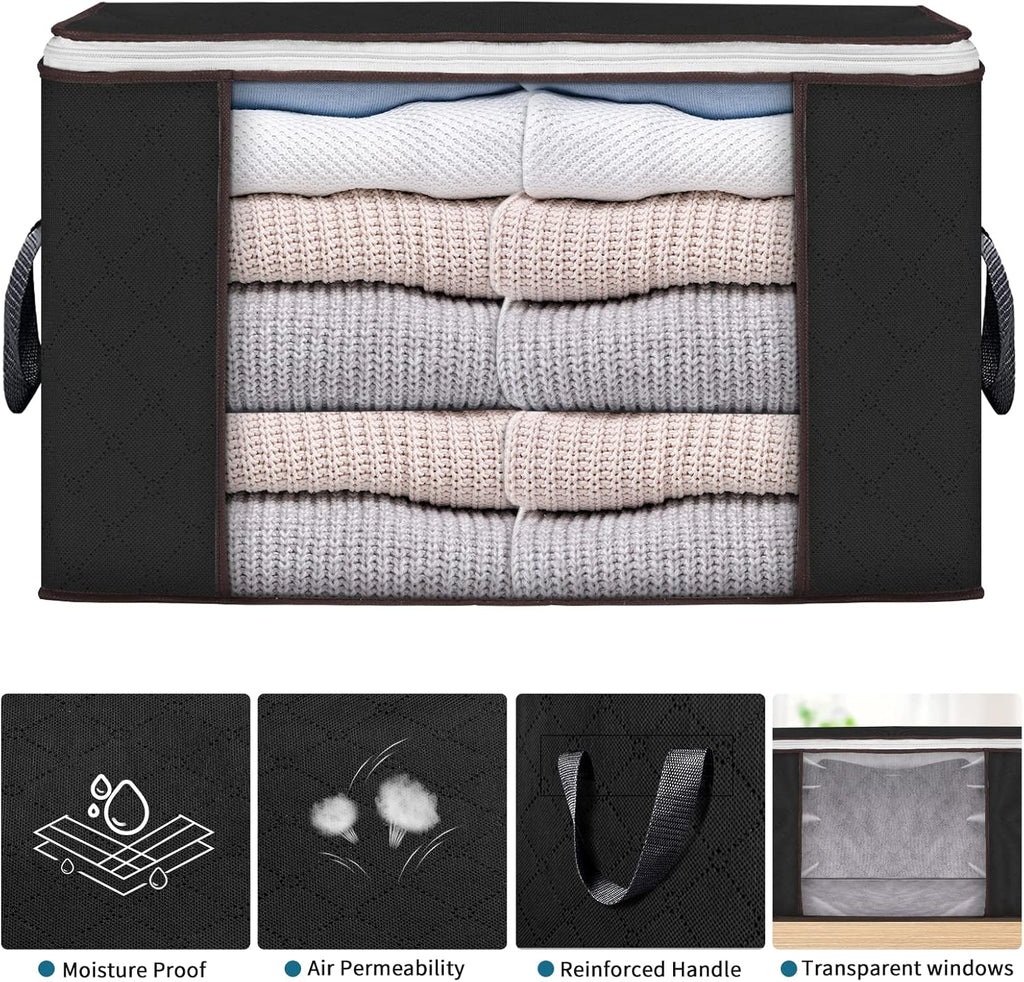 Skiennix Large Storage Bags - 8 Pack Foldable Closet Organizers with Durable Handles | Black, 90L Capacity