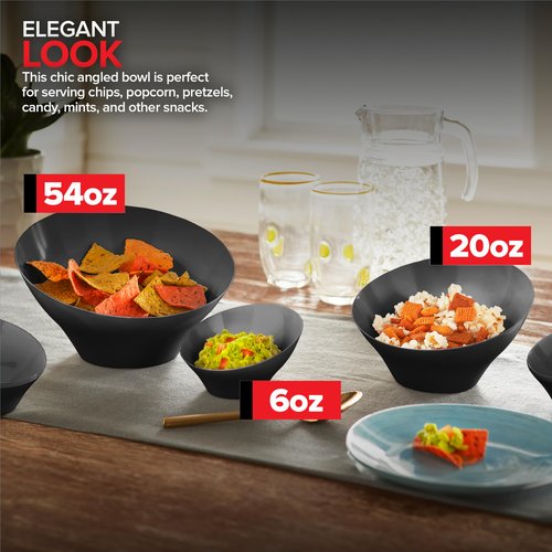 20oz Black Plastic Serving Bowls (4 Pack) Medium Disposable Snack Bowl Candy Dishes, Buffet Containers for Chips, Popcorn, Snacks, Mints, Salad Bar, Parties, Office Desk, Bridal Shower, Party Supplies