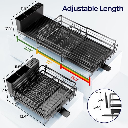 Pantasia Large Dish Drying Rack, Expandable Dish Rack for Kitchen Counter, Upgraded Dish Drainer with Drainboard Set, Multifunctional Dishrack with Utensil Holder & Cup Holder, 13.4"-28.7" L x 11.8" W