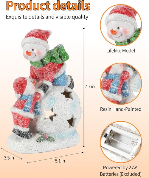 iStatue Snowman and Child Christmas Ornament - LED Light Resin Figurine | Unique Holiday Decor & Gift Idea