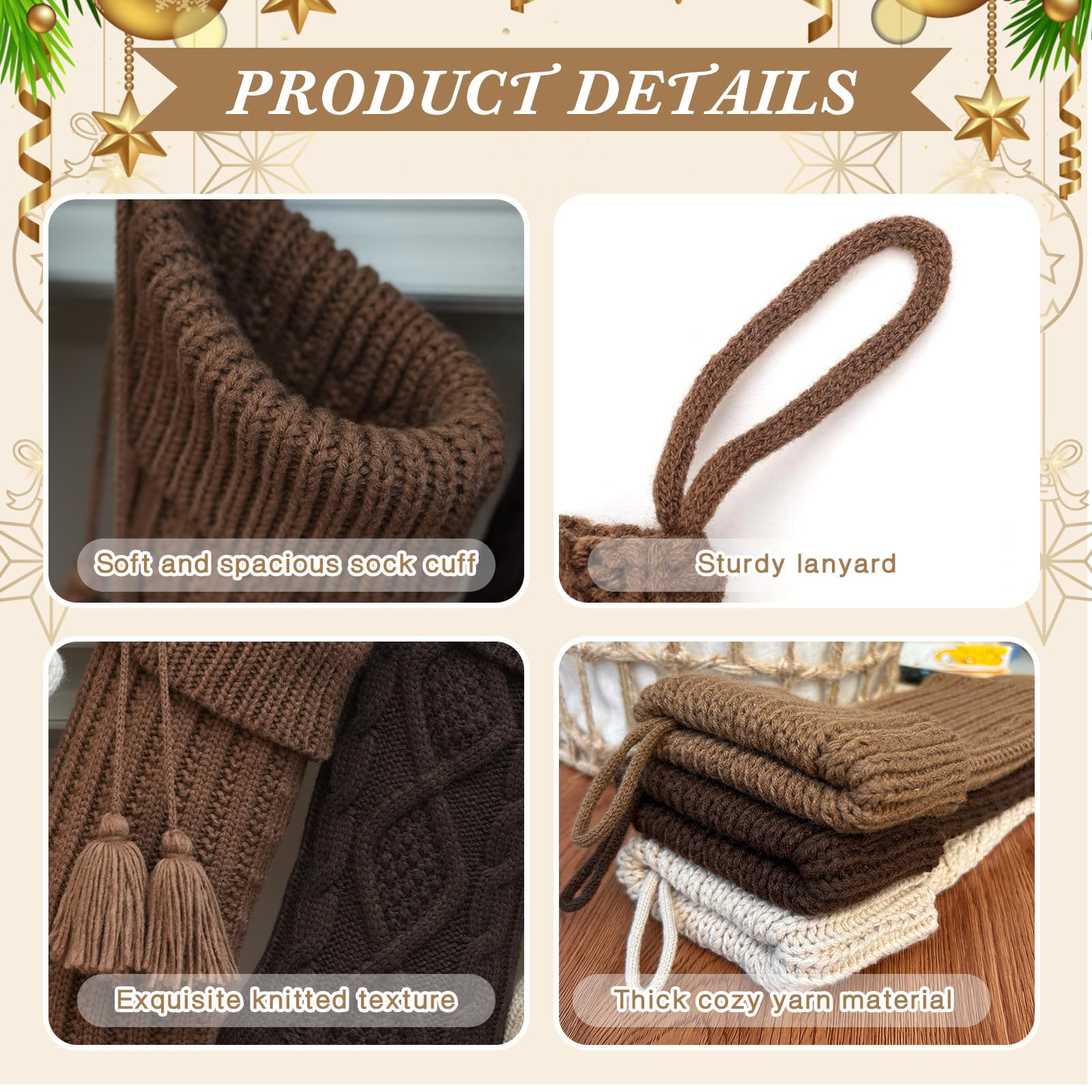 steo spce 6 Pack Vintage Knit Christmas Stockings – White Beige Apricot Rustic Boho Farmhouse Cable Knitted Holiday Set, 3 Large 18” and 3 Small 15” Neutral Stockings (Brown Color)