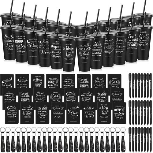 Hollowfly 24 Set / 96 Pcs Christian Church Gifts Plastic Cups with Bible Verse Pens Keychains Notebooks for Women Men Volunteer Christian Party Gifts (Black)