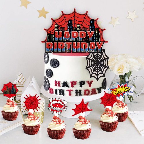 Spider Web Birthday Party Supplies, Spider Theme Party Decorations Including Birthday Banner, Backdrop, Balloons, Cupcake Toppers