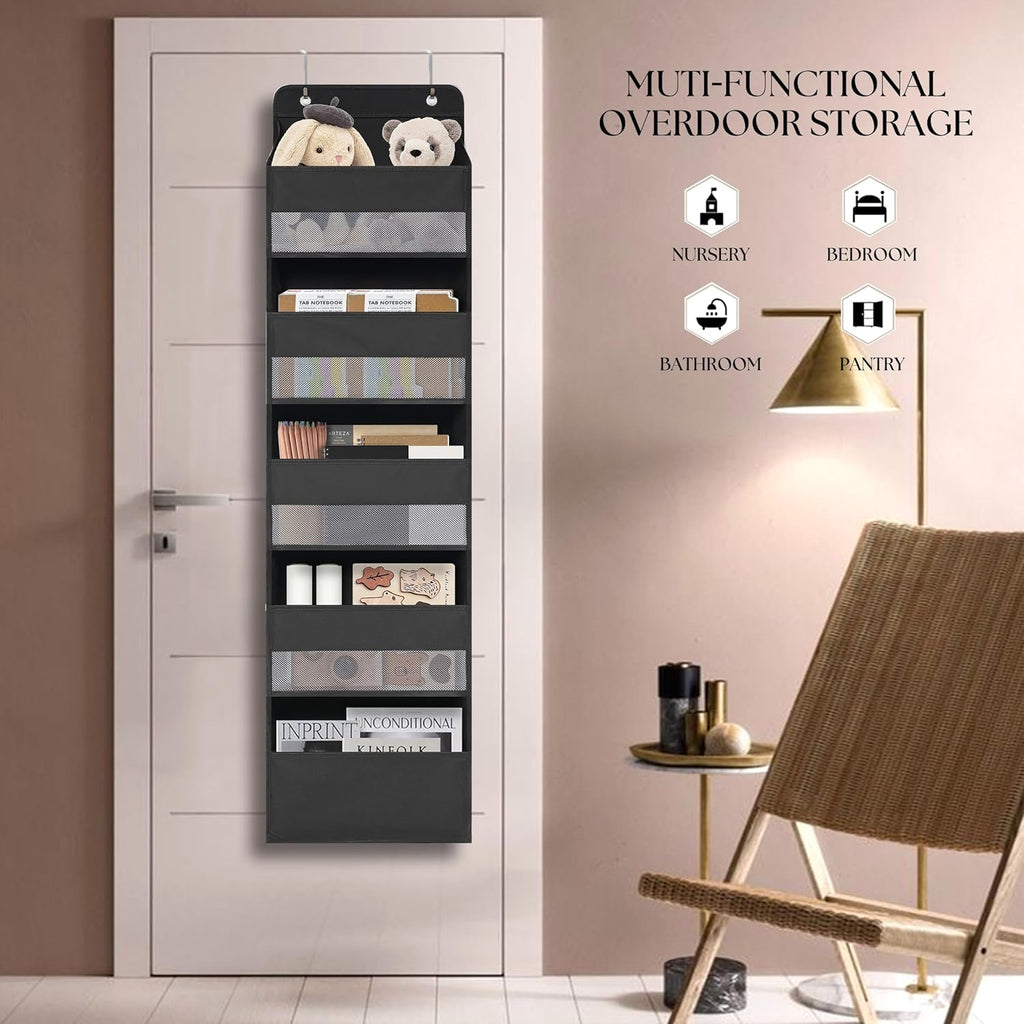 TYMENSH Over Door Organizer - Heavy Duty Storage with 5 Large Pockets for Closet, Bathroom, Nursery & More | Black