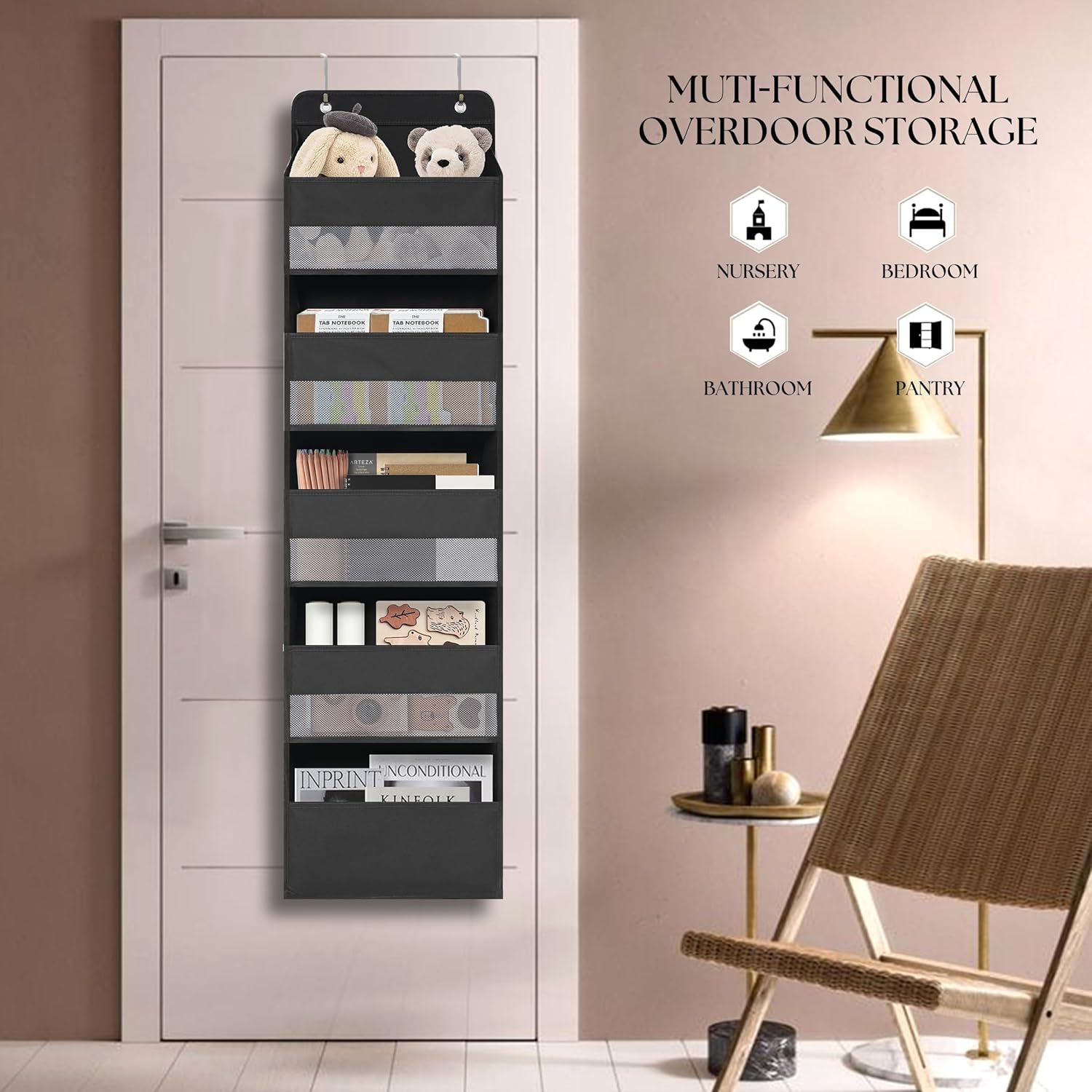 TYMENSH Over Door Organizer - Heavy Duty Storage with 5 Large Pockets for Closet, Bathroom, Nursery & More | Black