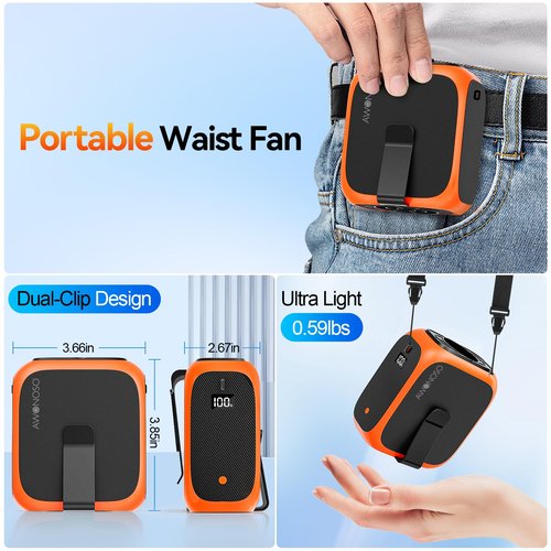 16000RPM Portable Waist Fan Clip on Wearable Belt Personal Fan, 14000mAh Minimum Gear Endurance Up to 24 hours, 3 Speed Neck Desk Fans, Wearable Body Shirt Belt Fans Outdoor, Worksite (Orange)