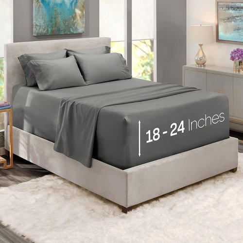 Hearth & Harbor Queen Sheet Set - Extra Deep Pocket for Mattresses 18-24 Inches - 6-Piece Grey Set