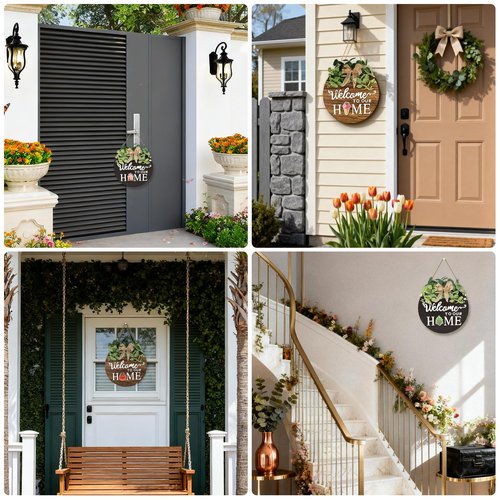 Pinkpum Double Sides Interchangeable Welcome Sign Front Door Decor with 20 Seasonal Icons 2 in 1 Round Wood Wreaths Gifts House Outdoor Indoor Home Decorations All Seasons