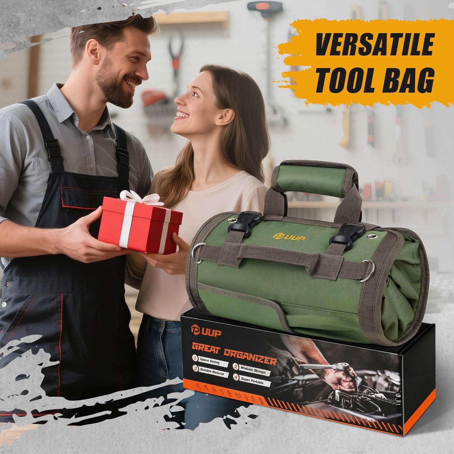 UUP Heavy Duty Tool Bag Roll Up - Portable Foldable Organizer with Pockets | Green, Perfect for Mechanics & Gifts for Dad