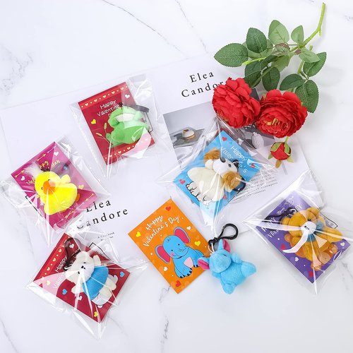 28 Pack Valentines Day Gift Cards for Kids with Mini Animal Plush Toys Keychains,Stuffed Animal for Students Classroom Exchange,Valentines Party Favor Supplies,Game Prizes,Gift for Toddlers Girls Boys