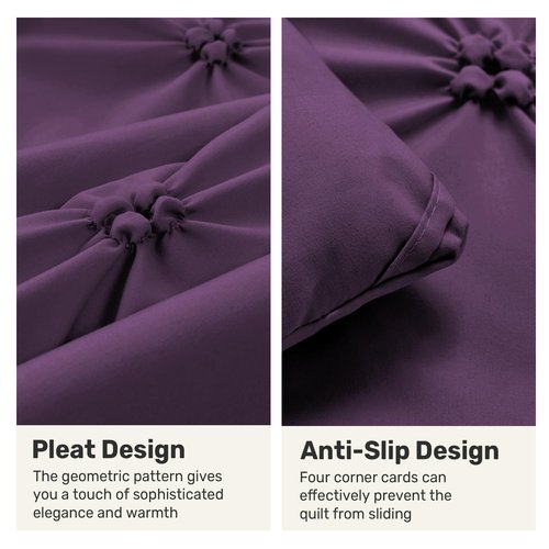 UNIKOME King Size Comforter Set Purple - Ultra Soft Boho Pintuck Down Alternative Bedding Set for All Seasons, 3 Pieces Lightweight Warm Pinch Pleat Bed Set with Comforter, 2 Pillowcases