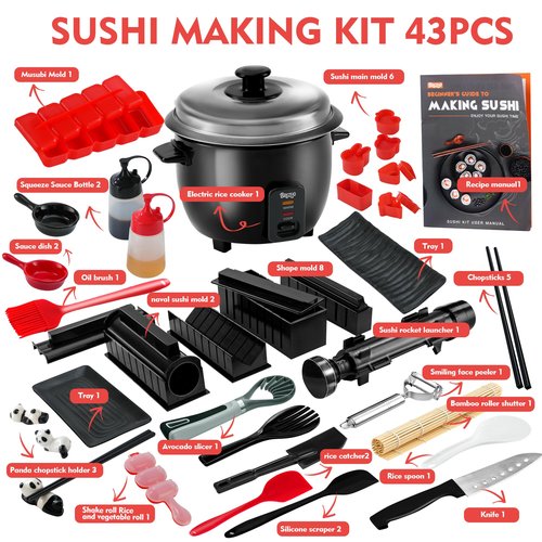 Sushi Maker Kit - 43-Piece Complete Set for Beginners with Sushi Bazooka Roller, Onigiri Mold, Nigiri Maker, Bamboo Rolling Mat & Accessories | Easy DIY Sushi Preparation at Home