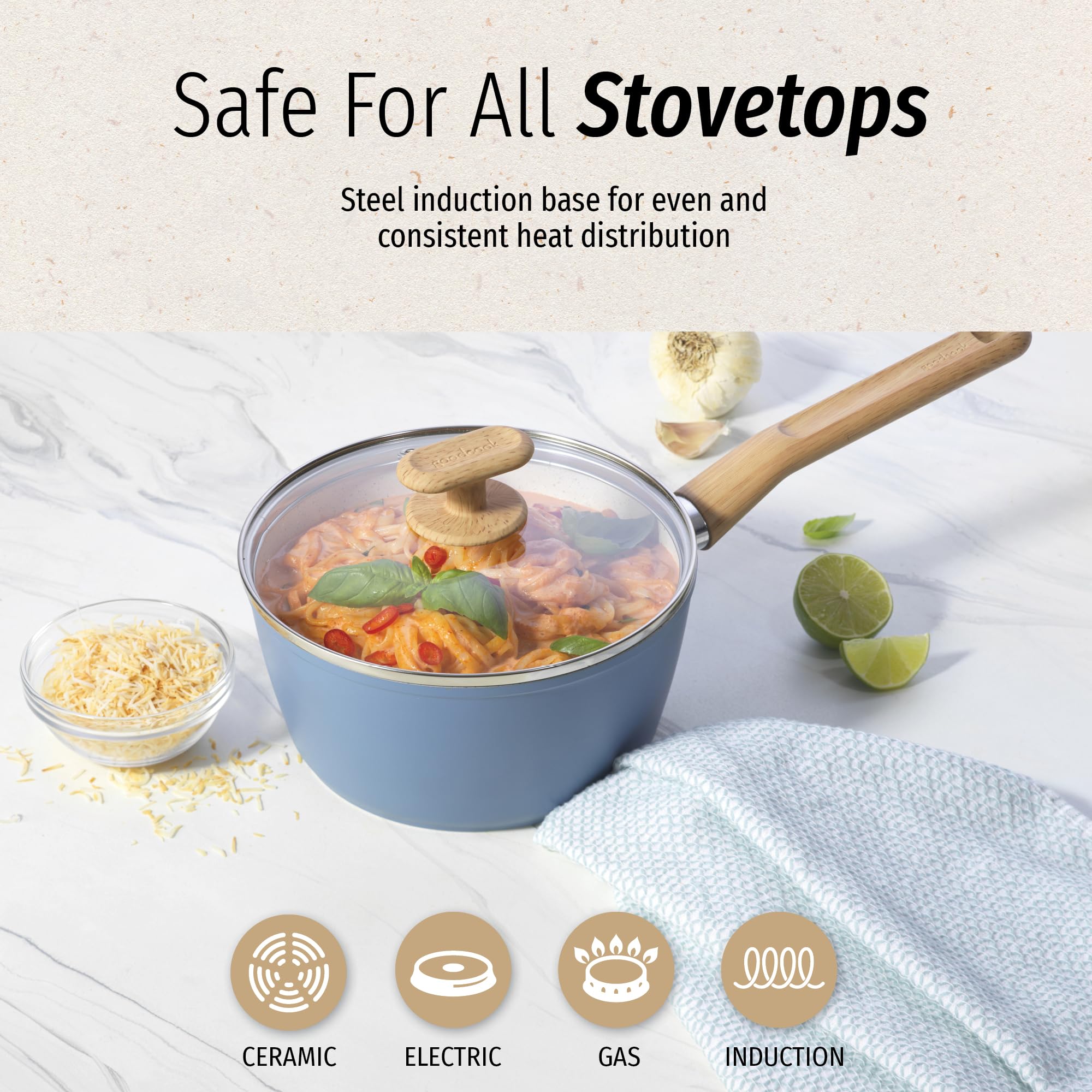 GoodCook Healthy Ceramic Titanium-Infused 2 Quart Saucepan with Lid, Light Blue – Induction Cookware, Nonstick Cooking Pan, Food Cooker for Soups, Sauces, Potatoes, Pasta, Rice