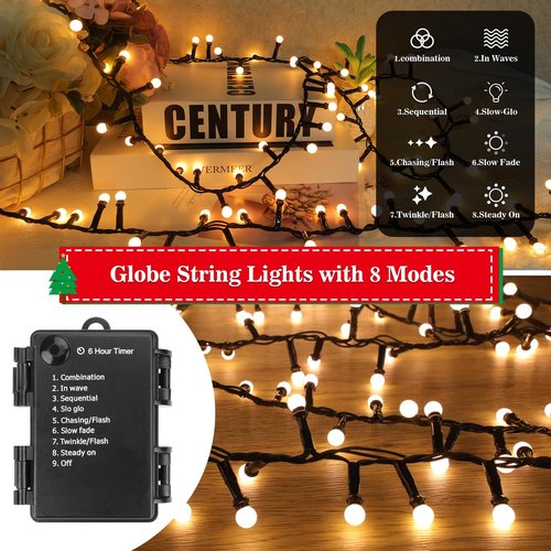 TGXCF 16Ft 100LEDs Christmas Lights Battery-Powered,Mimi Globe Lights 8 Modes,Indoor Outdoor Cluster String Lights for Bedroom Party Wedding Garden Christmas Tree Deco(Warm White)