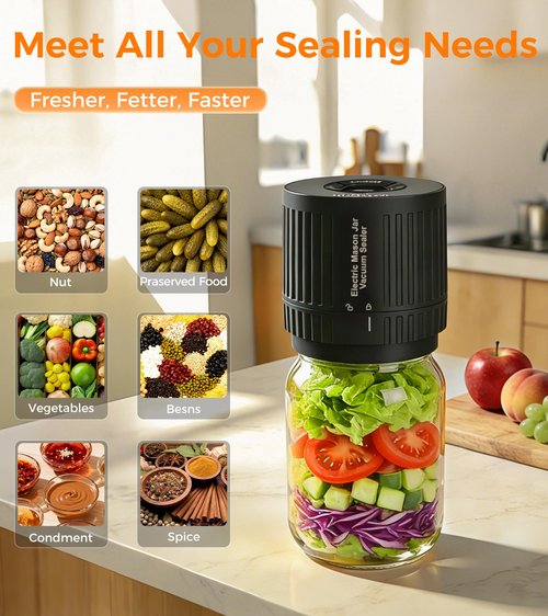 HOMILEN Electric Mason Jar Vacuum Sealer Kit - 2 Modes for Vacuum and Fast Marinade, 10 Sealing Lids - Preserve Freshness Efficiently, Ideal for Canning Jams, Pickles, Dry Foods, Grains Storage