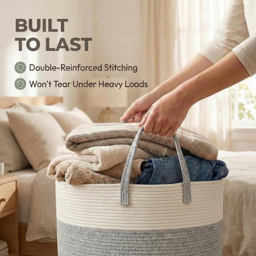 **JMvicyroam Extra Large Blanket Basket - Woven Cotton Rope Laundry Hamper with Reinforced Handles | White & Grey**