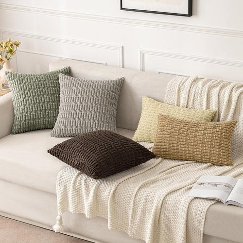 MIULEE Corduroy Throw Pillow Covers - Soft Boho Striped Design | 18x18 Inch Light Olive Green, Set of 2