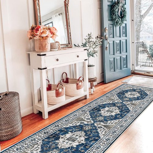 Hallway Washable Runner Rug - Vintage Soft Non-Slip 2x7 Entryway Floor Mat | Blue
